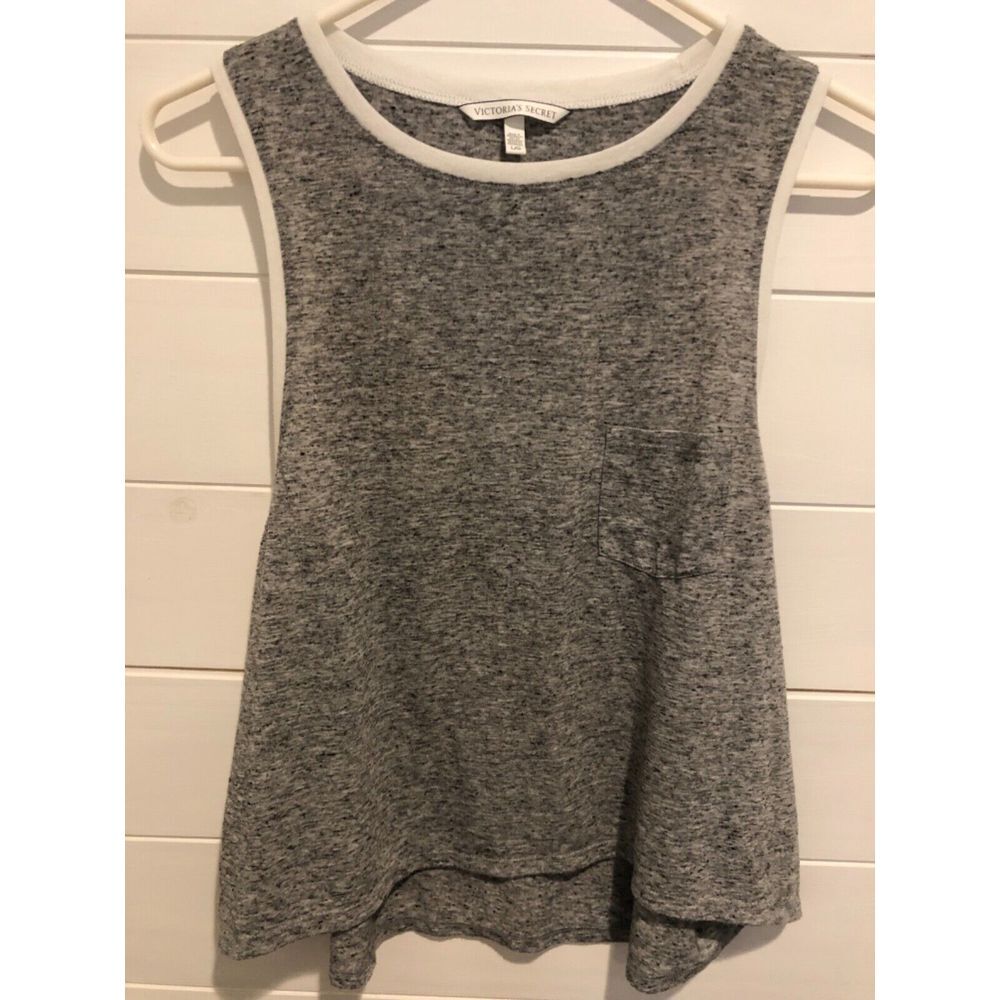 WOMEN'S VICTORIA'S SECRET MARLED GRAY LARGE ARMHOLE CROPPED HI LO ACTIVE TANK LG